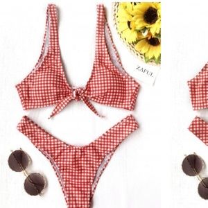 Zaful Front tie thong plaid bikini set-